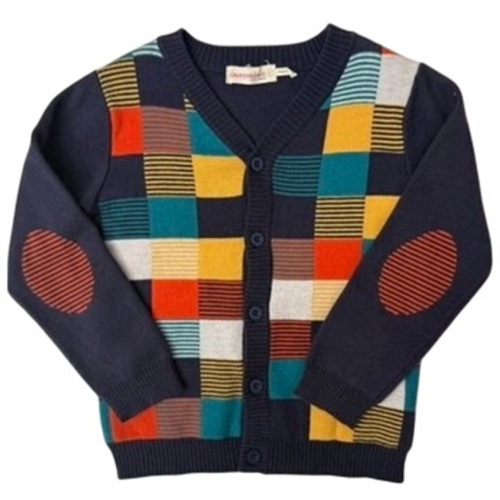 Deux par Deux boys Multicolor Patchwork wool Cardigan Sweater Navy Blue Size 6